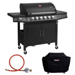 Taino Red 6+1 Gasgrill Set mit Haube und Regler Grillwagen BBQ Edelstahl-Brenner Gas-Grill Schwarz