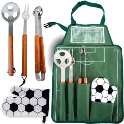 deluxe4home Grillset mit Grillbesteck Grillgabel Grillzange Grillwender und Grillhandschuh Fussball Design