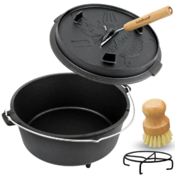 holz4home Dutch Oven 9L Eingebrannter Feuertopf aus Gusseisen Inklusive Deckelheber Topfständer und Reinigungsbürste